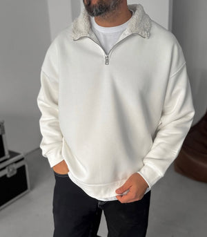 Half-Zip Sweater with Fur Collar Over Size